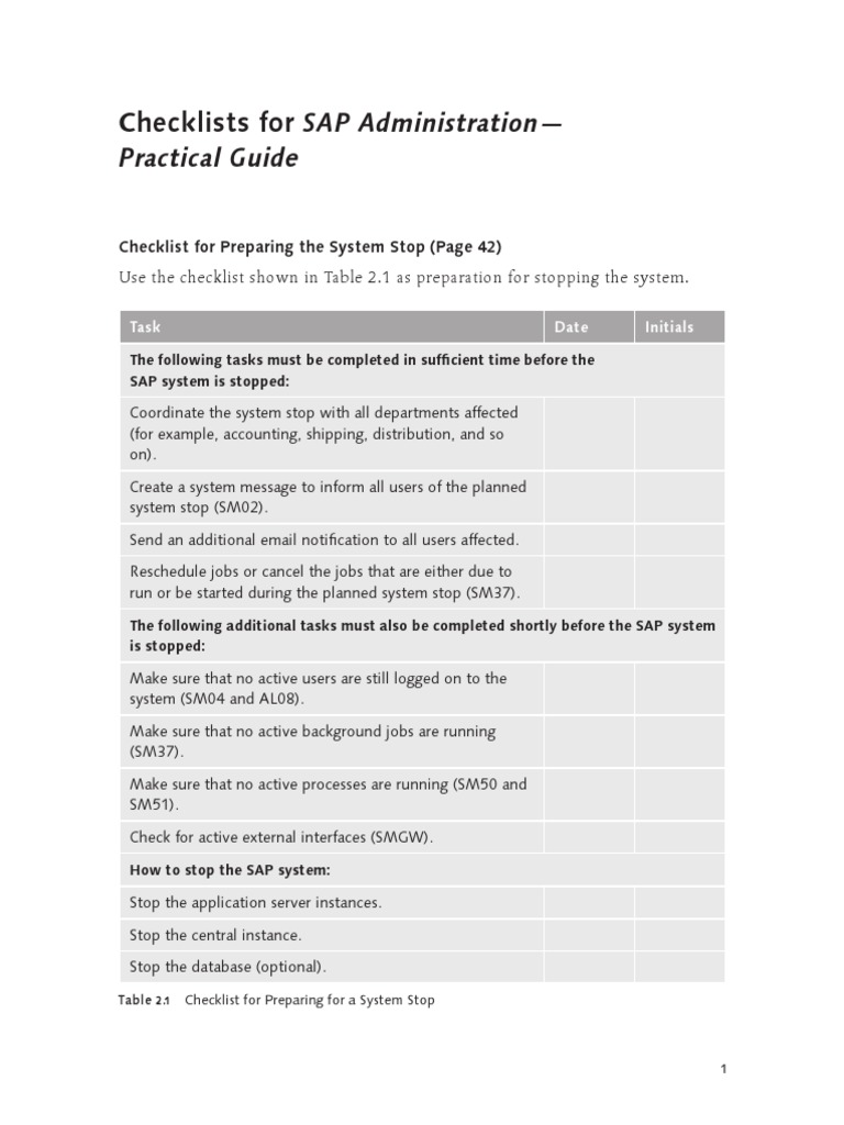 SAP System Stop Preparation Checklist | PDF | Databases | Backup