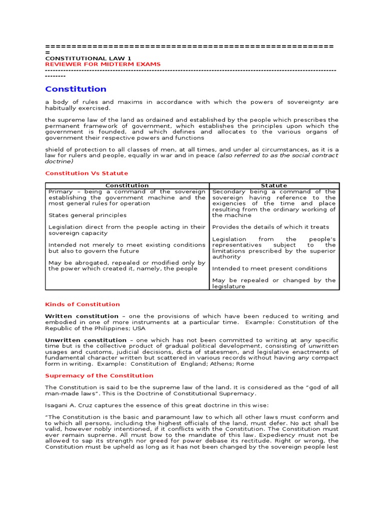 Constitutional Law Midterm Reviewer | PDF | Sovereign State | Constitution