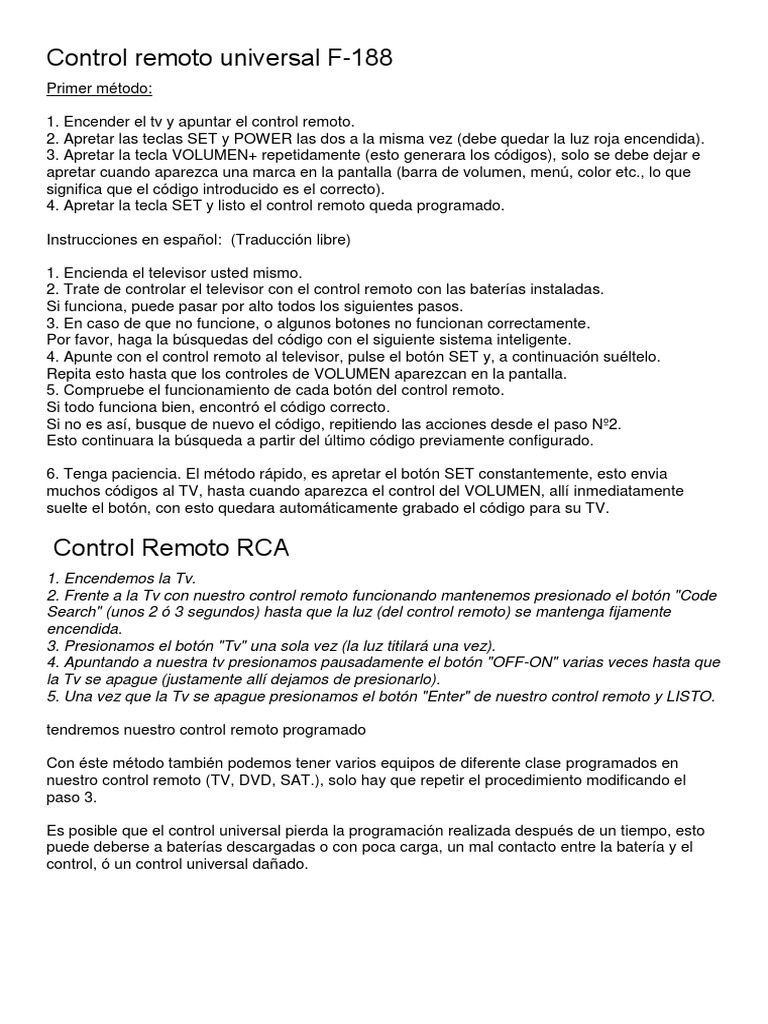 Programación del Control Universal F-188 | PDF | Control remoto ...