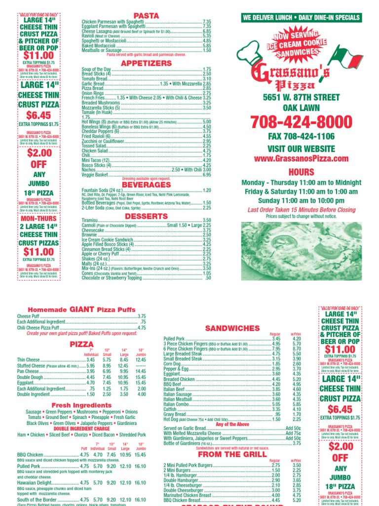 Grassano's Pizza Menu | Pizza | Hamburgers