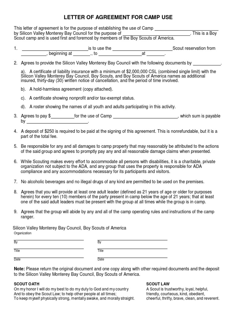 Letter of Agreement For Camp Use | PDF | Boy Scouts Of America | Scouting