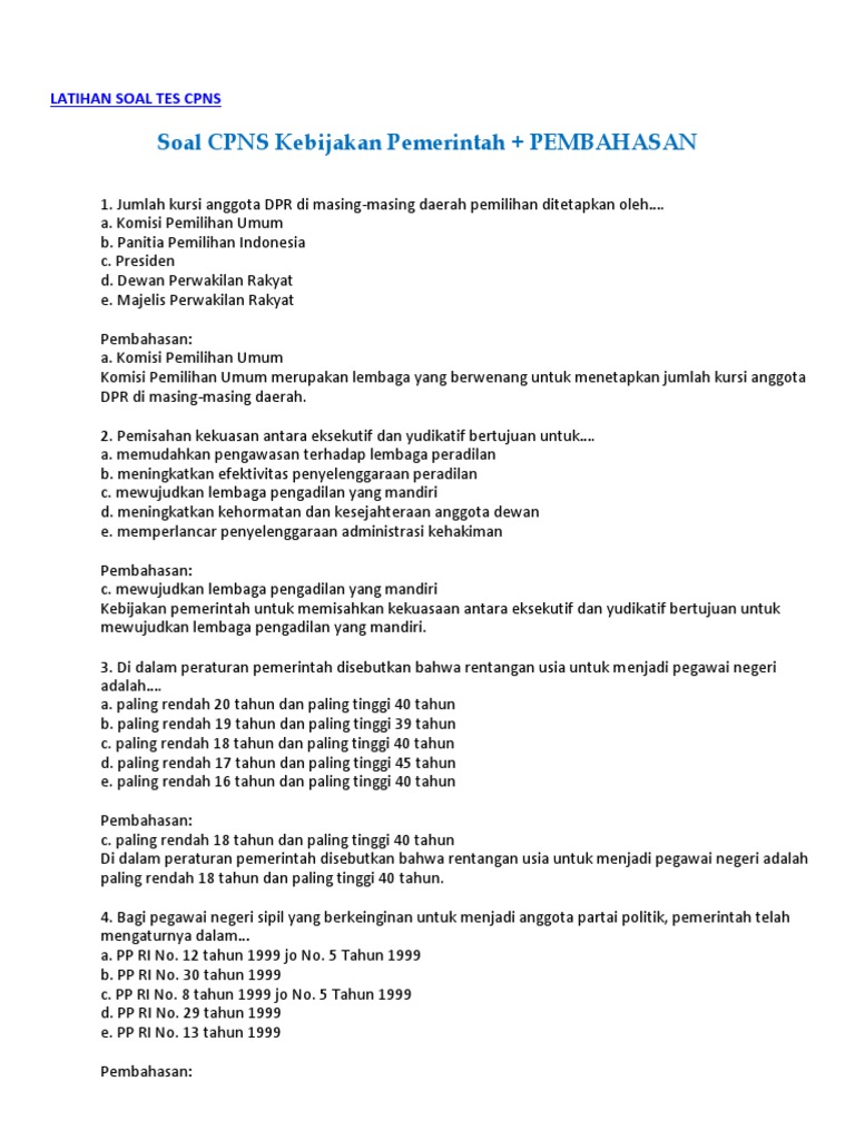 Soal Cpns Kebijakan Pemerintah Pembahasan