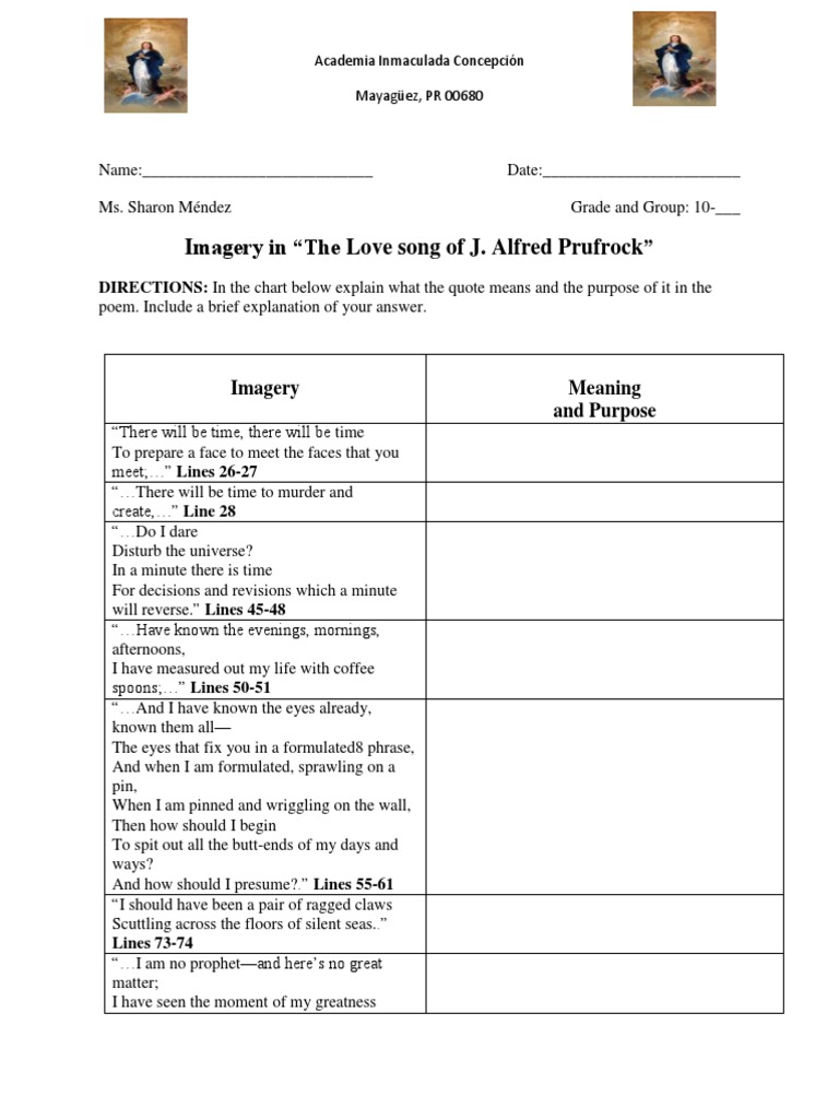 Worksheets Prufrock Analysis Worksheet the lovesong of j alfred prufrock imagery