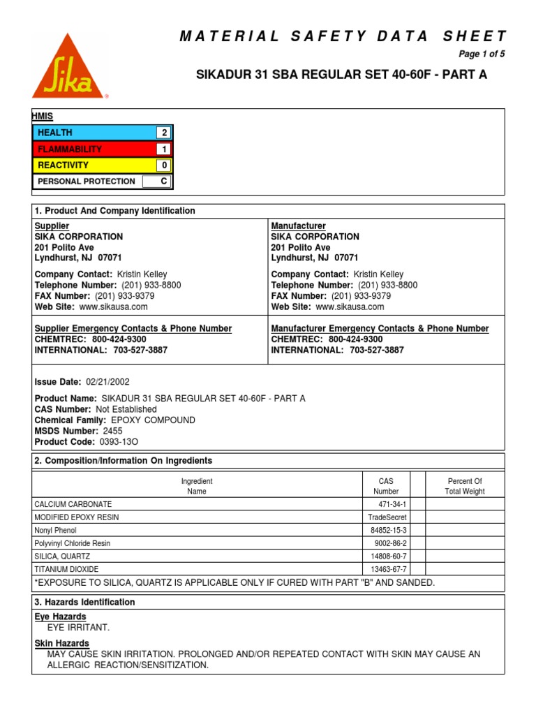 MSDS Cpd Sikadur31SBA Regular Set 40 60F Us Silicon Dioxide