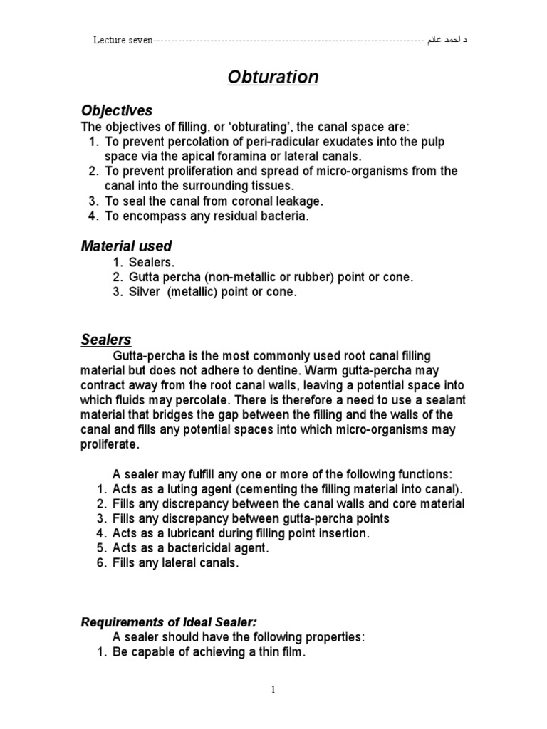 Obturation Objectives PDF Mouth Materials