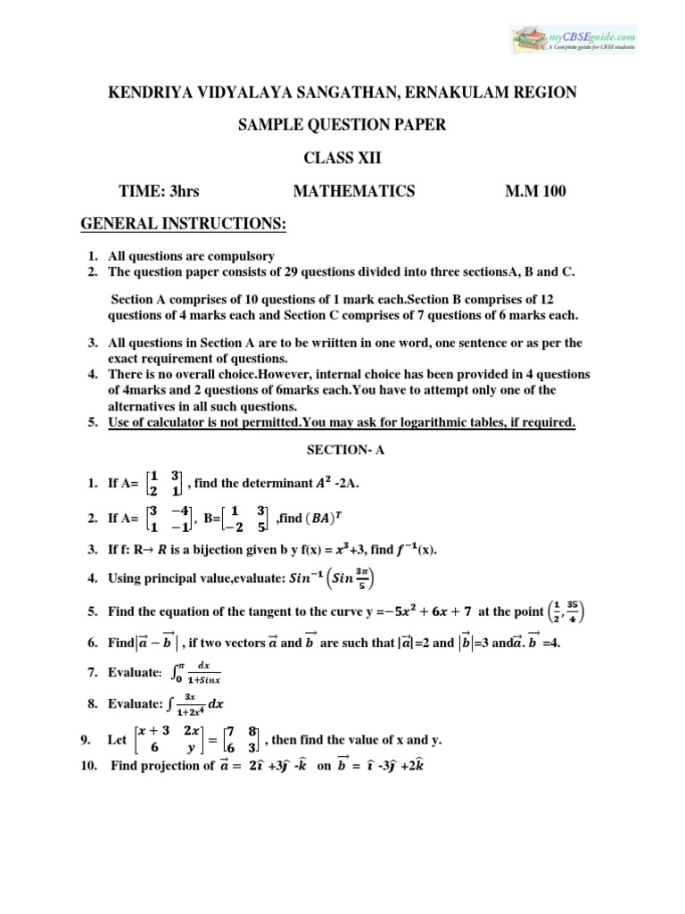 CBSE Class 12 Mathematics Sample Paper-03 (For 2014) | PDF