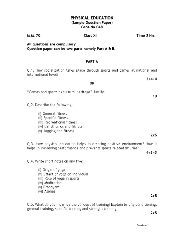 sample question paper physical education class 12