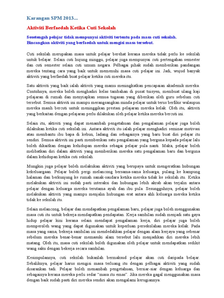 Aktiviti Berfaedah Ketika Cuti Sekolah Pdf