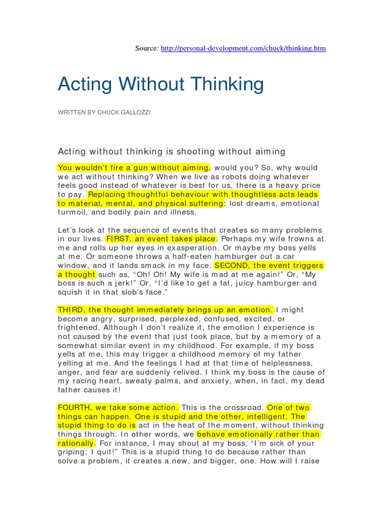 Acting Without Thinking-1 | PDF | Anger | Emotions