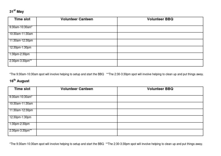 Volunteer Canteen and BBQ Schedule | PDF | Home & Garden | Art
