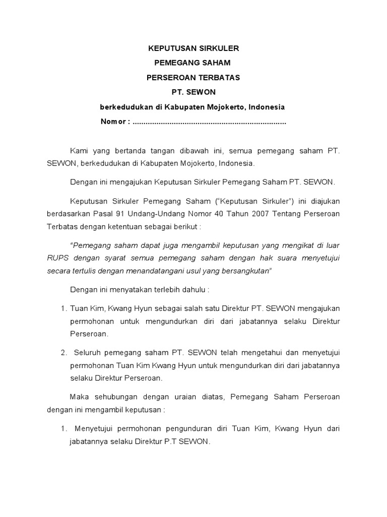 Keputusan Sirkuler 1 Pernyataan keputusan sirkuler para pemegang saham pt.
