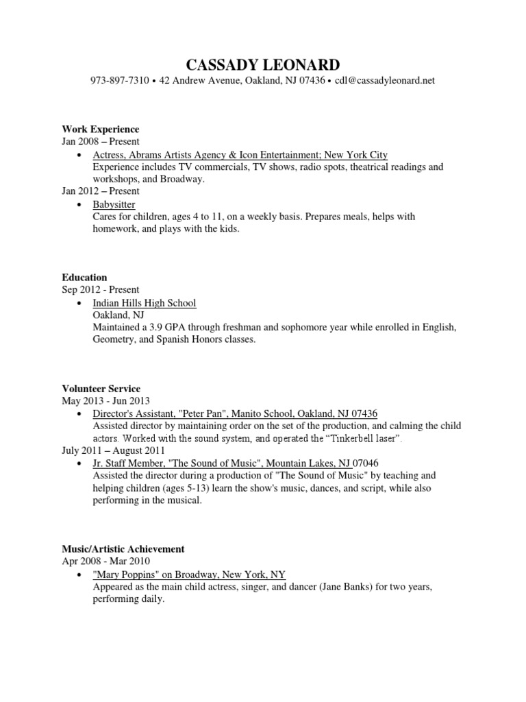 Cassady Leonard's Acting Resume | PDF