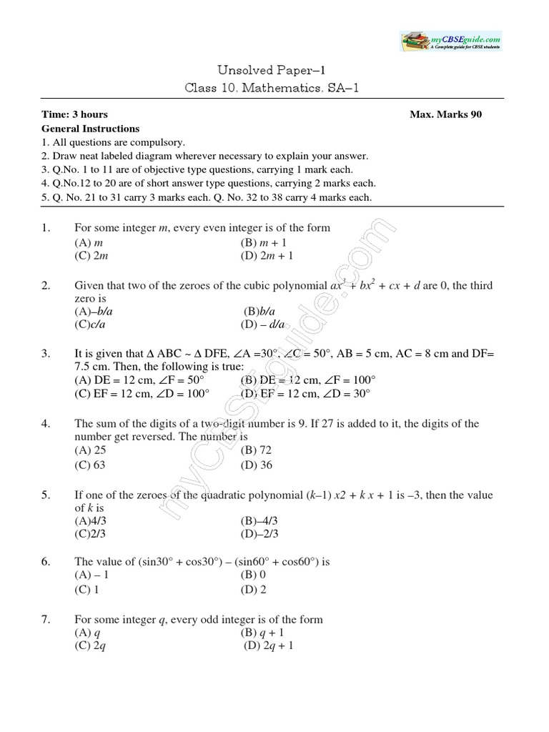 Class 10 Unsolved Maths Paper 1 | PDF | Trigonometric Functions ...