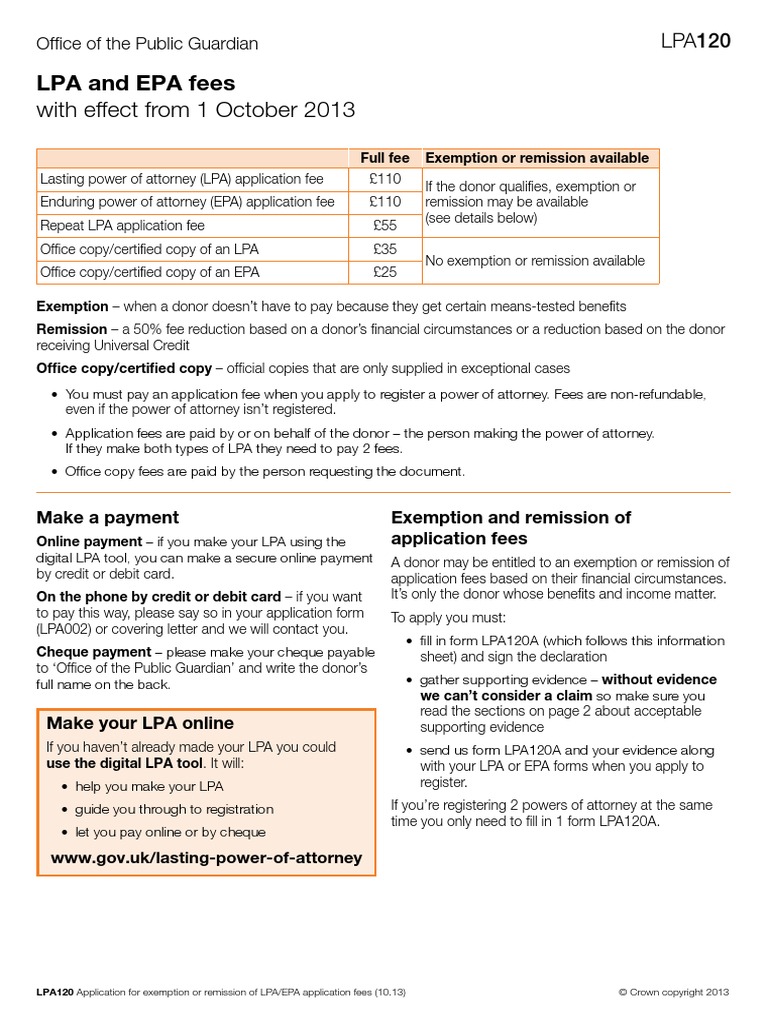 LPA120 Fees Exemptions Remissions PDF Payments Government