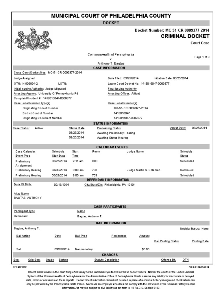 Anthony Bagtas Philadelphia Court Docket PDF Theft State Court