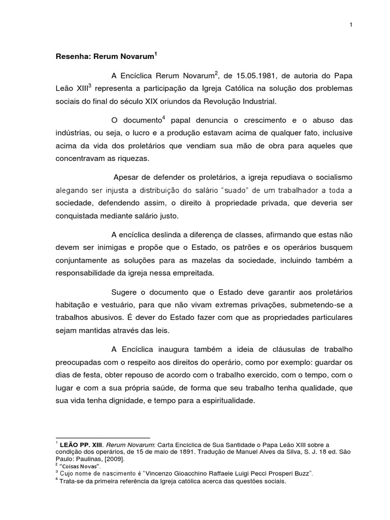 PDF) RERUM NOVARUM, Papa Leão XIII - Resumo