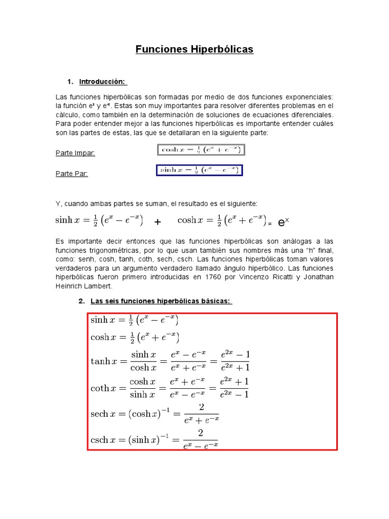Funciones Hiperbólicas | PDF | Derivado | Funciones y mapeos