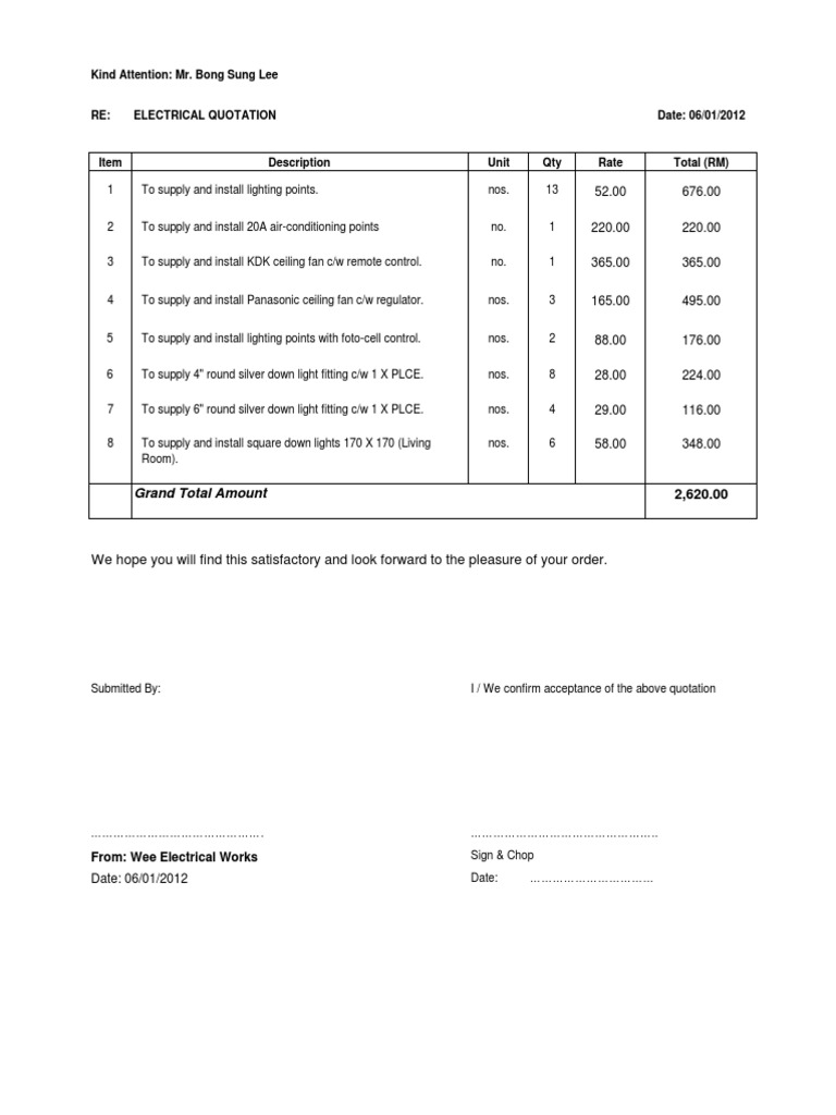 Electrical Installation Quotation Breakdown for Lighting, Air