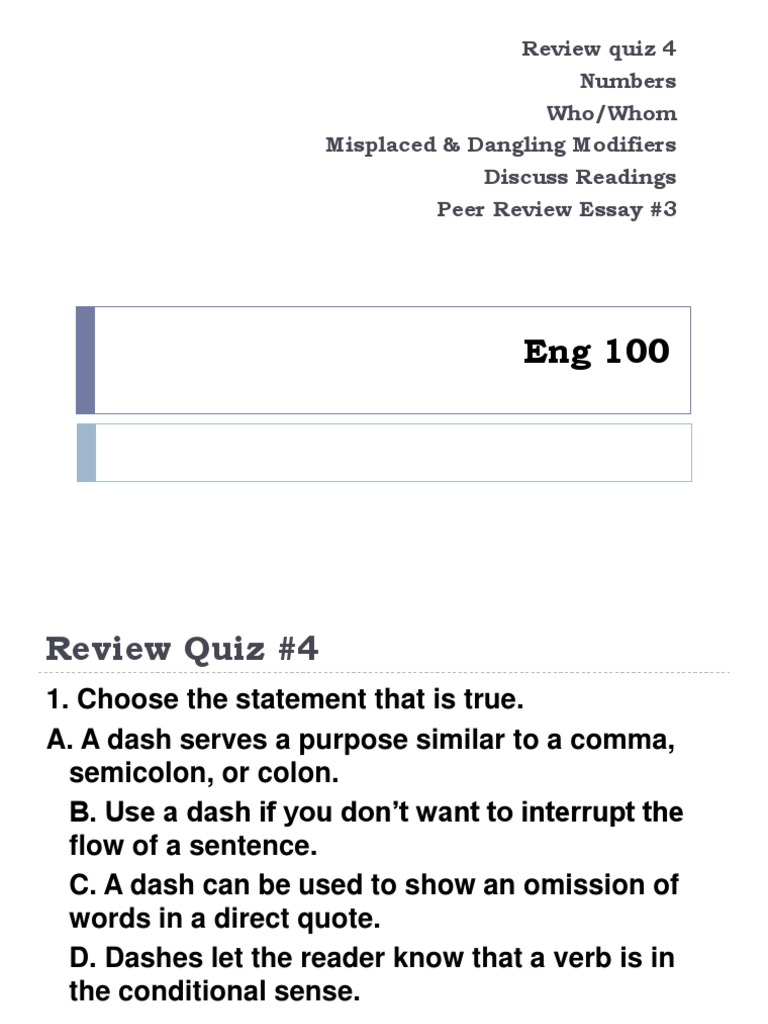Eng 100 Review Quiz: Grammar & Style | PDF | The Beatles | Ellipsis