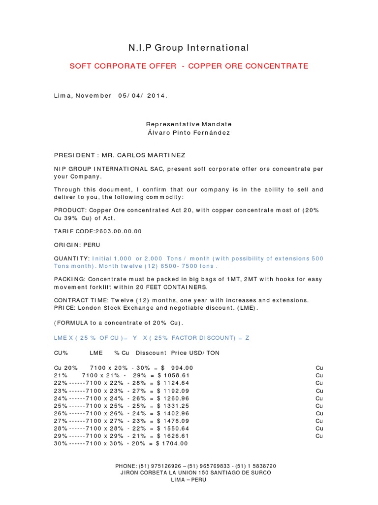 Copper Ore Concentrate Offer Details | PDF | Industries | Shipping Service