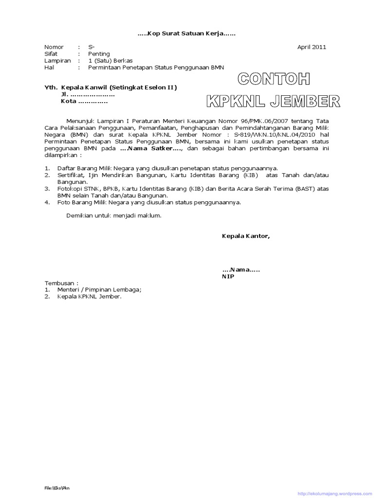 Contoh Usulan Penetapan Status Penggunaan Bmn