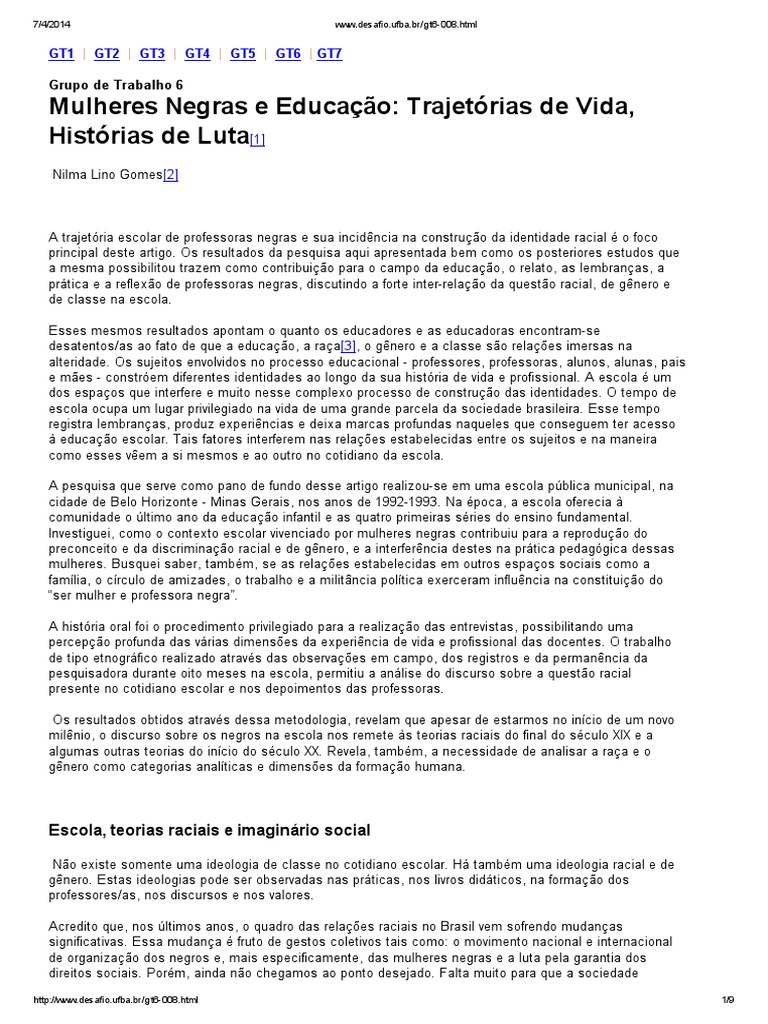 GOMES, Nilma Lino Mulheres Negras e Educação... PDF Racismo