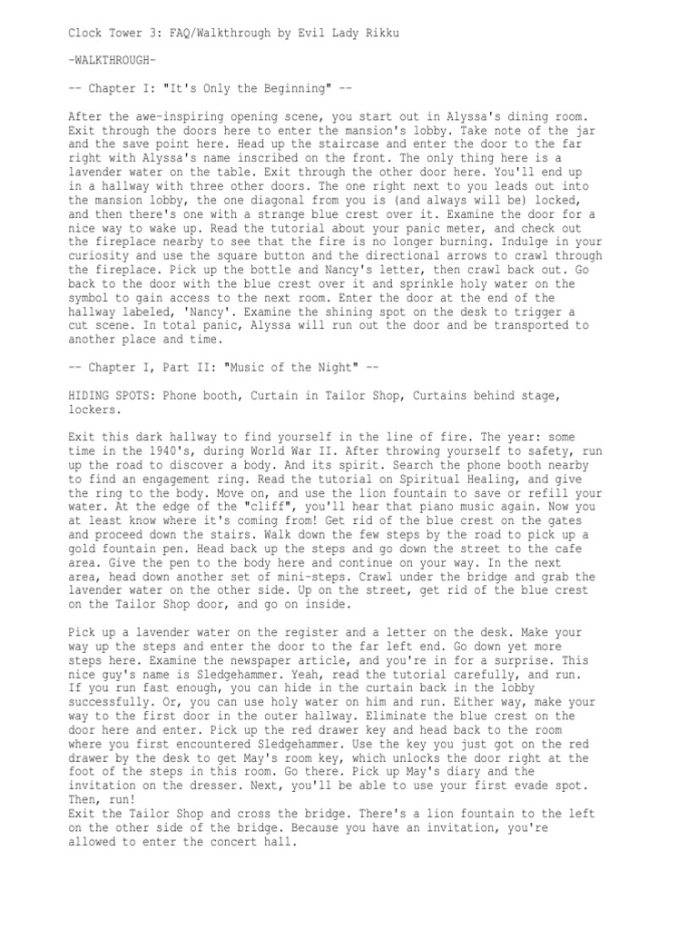 Clock Tower 3 Clocktower Walktrough PDF Elevator Stairs