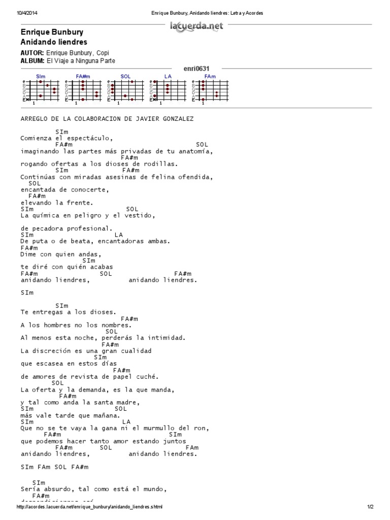 Enrique Bunbury Anidando Liendres Letra Y Acordes