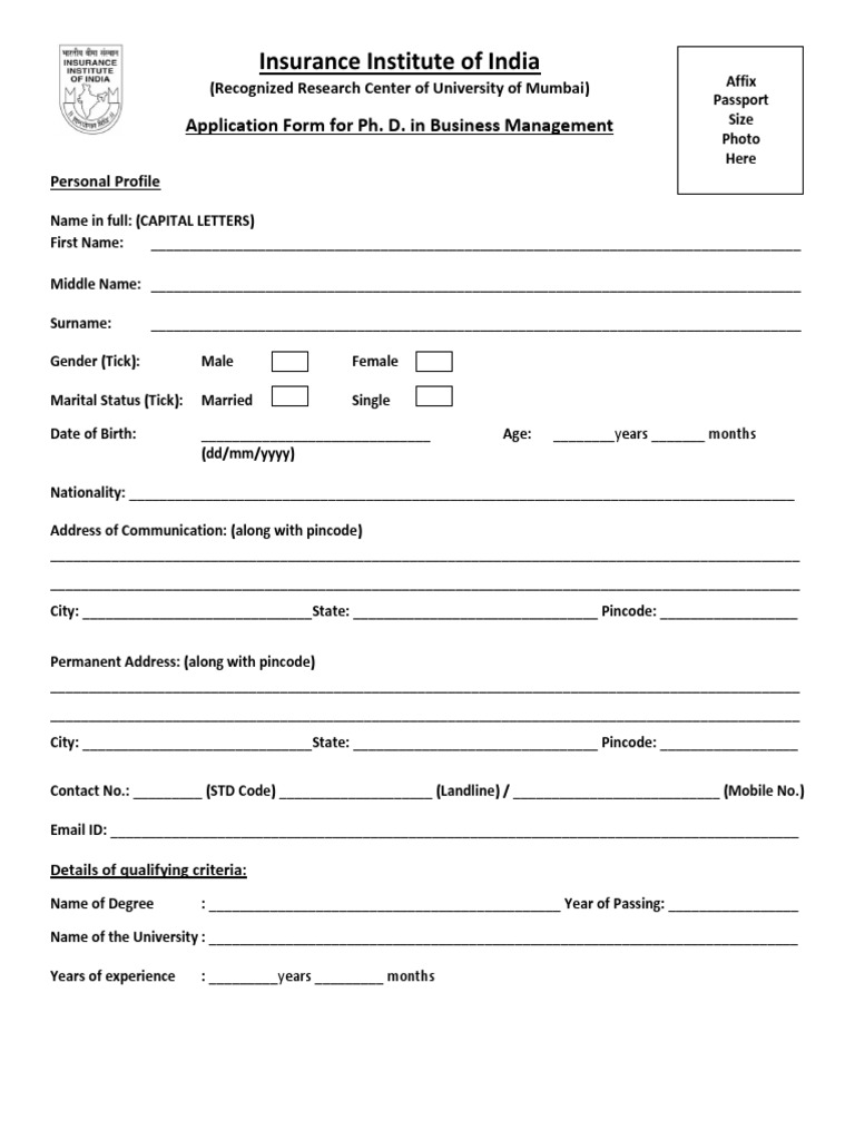 Insurance Institute of India: Application Form For Ph. D. in Business ...