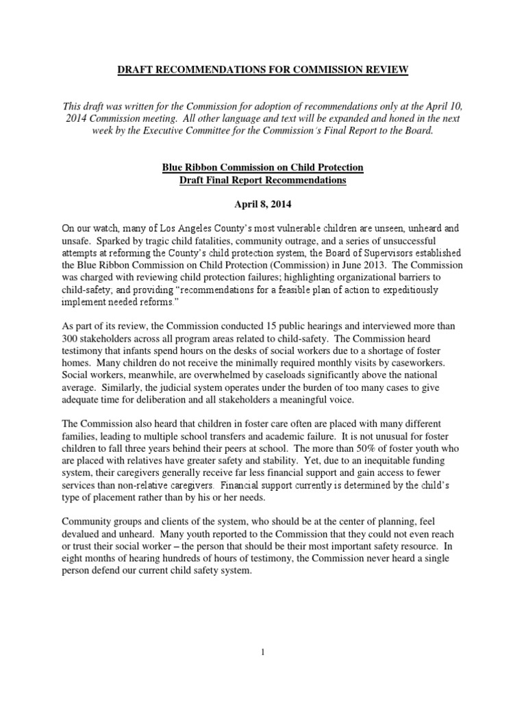 Blue Ribbon Commission On Child Protection Draft Final Report