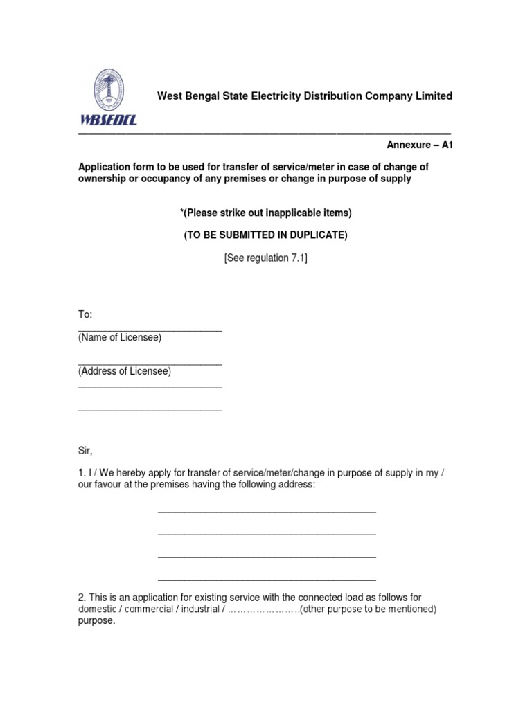 Change of Ownership form WEST BENGAL STATE ELECTRICITY DISTRIBUTION