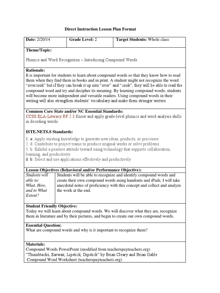 Compound Words Lesson Plan Cognition Psychology Cognitive Science