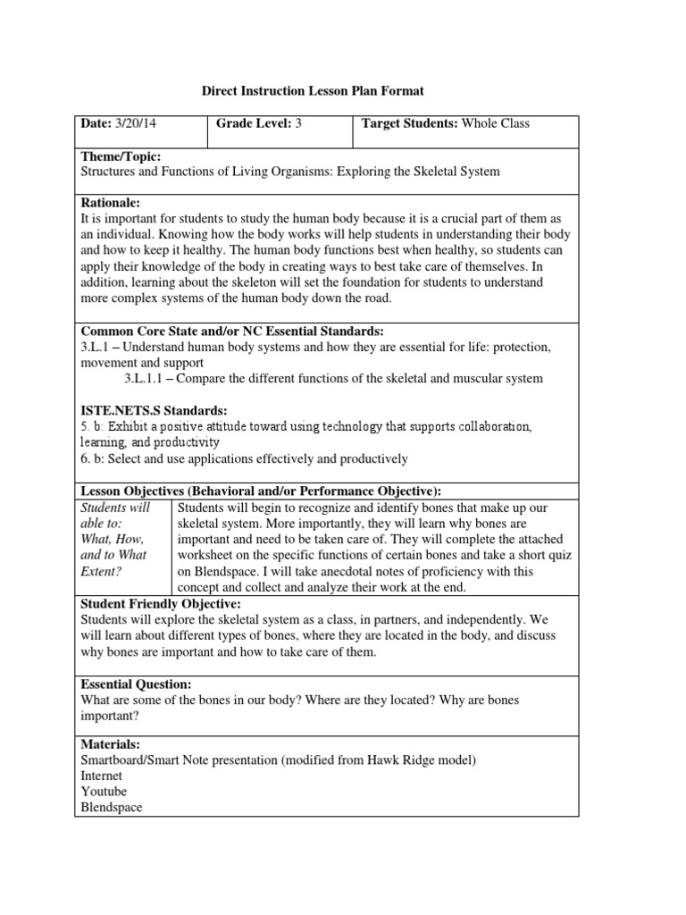 Skeletal System Lesson Plan Download Free Pdf Learning Styles