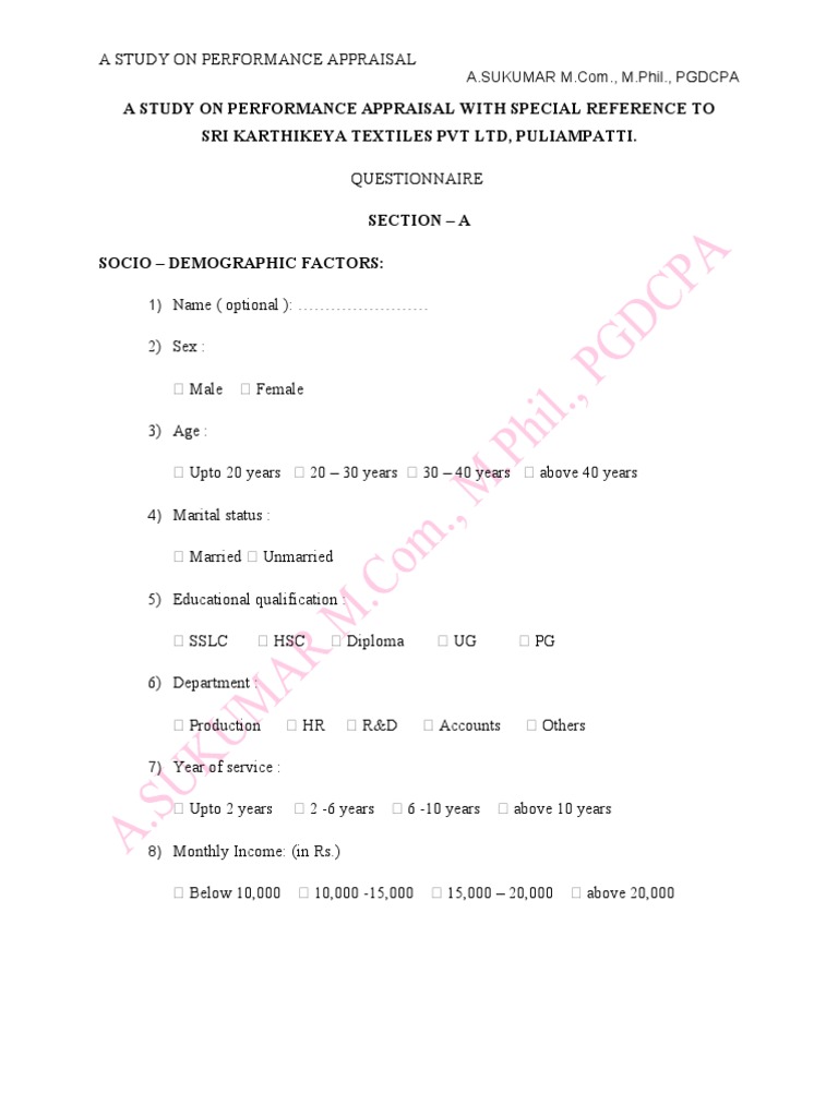 Performance Appraisal Questionnaire