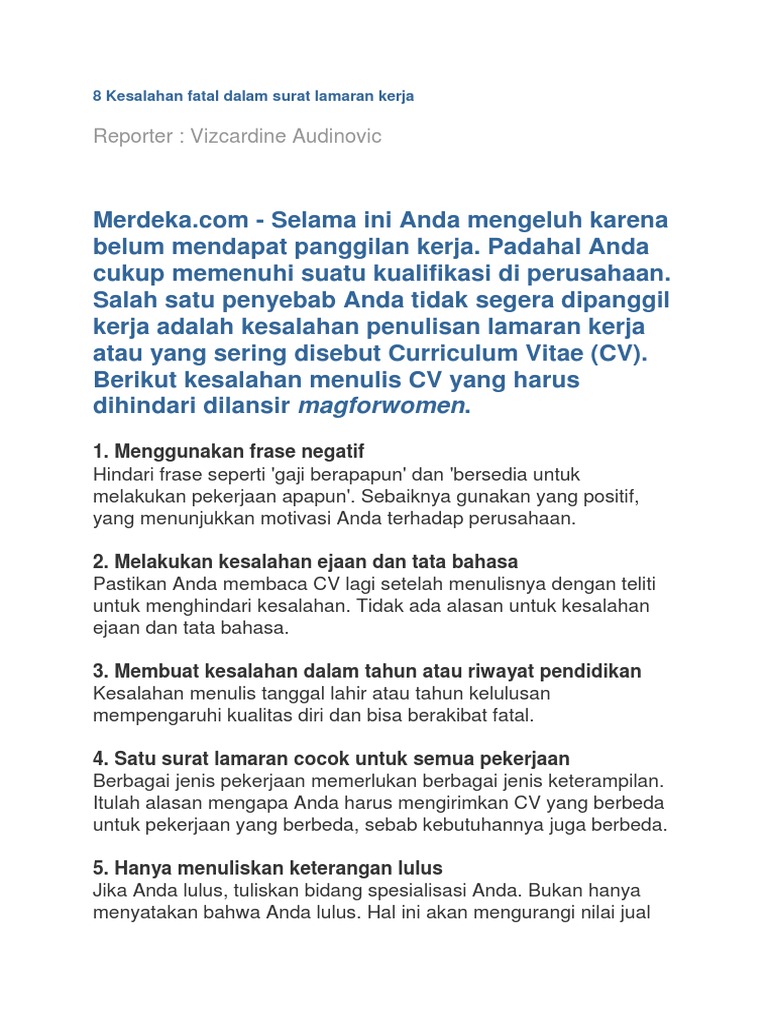 8 Kesalahan Fatal Dalam Surat Lamaran Kerja Docx