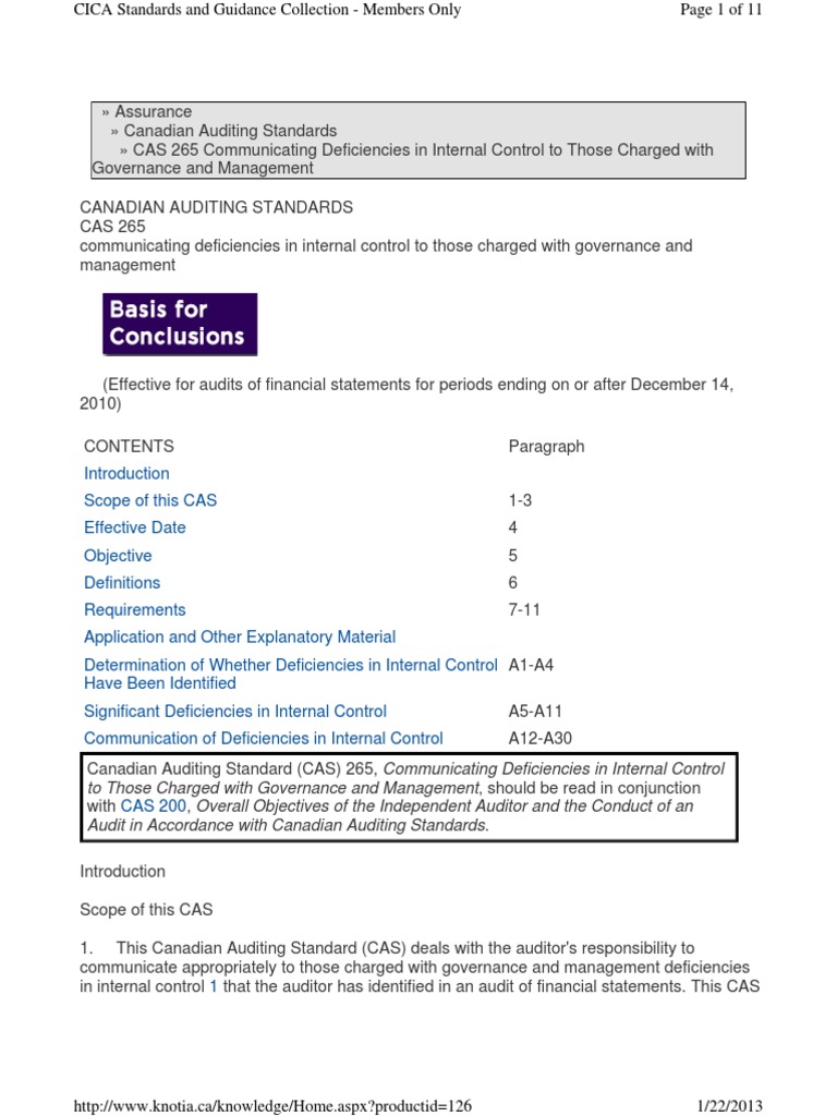CAS 265 Communicating Deficiencies in Internal Controll | PDF ...
