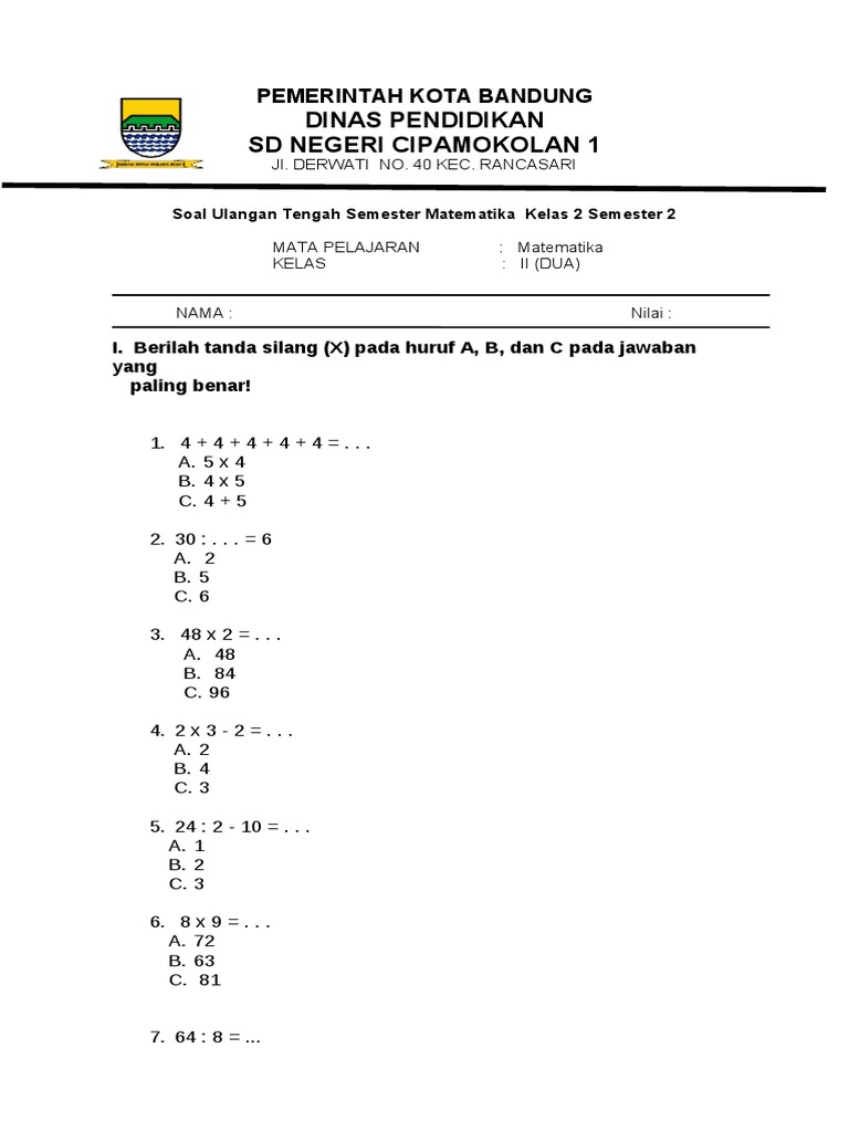 Soal UTS Matematika Kelas 2 Semester 2