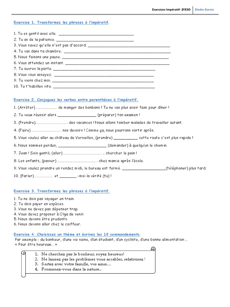 Impératif Présent Exercices à Imprimer Exercices Imperatif PDF | PDF | Bonheur
