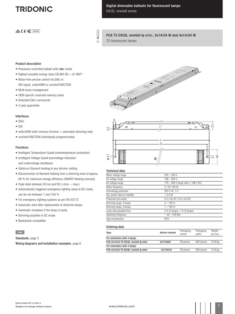 Tridonic Digital Dimmable Ballast Data Sheet Mains Electricity