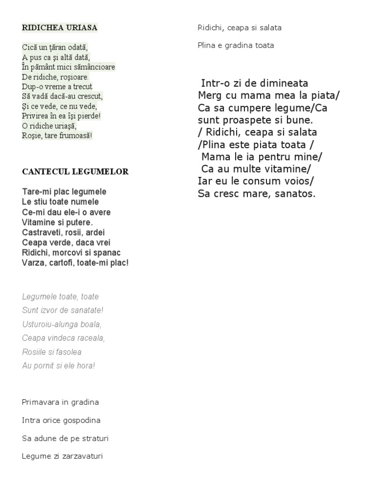 Cantec Legume Si Poezie