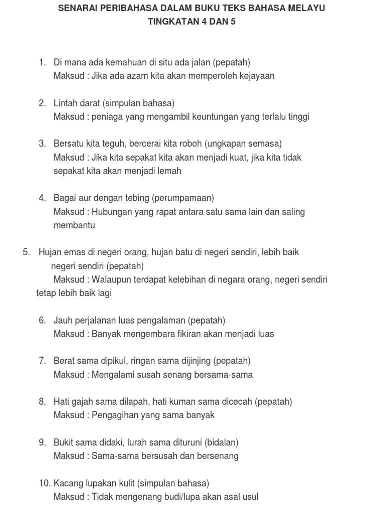 Senarai Peribahasa Dalam Buku Teks Bahasa Melayu Tingkatan 4 Dan 5