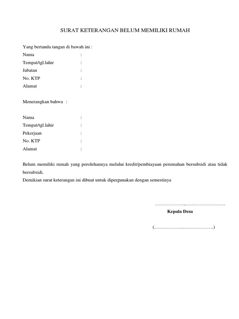 Surat Keterangan Belum Memiliki Rumah