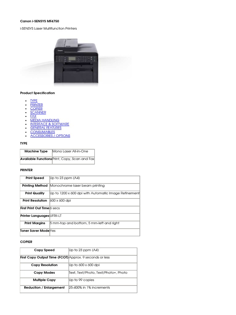 Canon iSENSYS MF4750 Printer PDF Image Scanner Printer