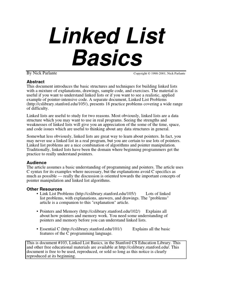 Linked List Basics | PDF | Pointer (Computer Programming) | Array Data ...