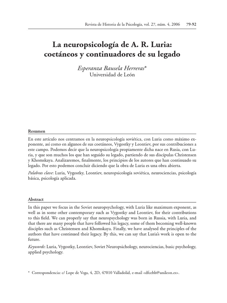 Legado de A. R. Luria en Neuropsicología | PDF | Neuropsicología ...