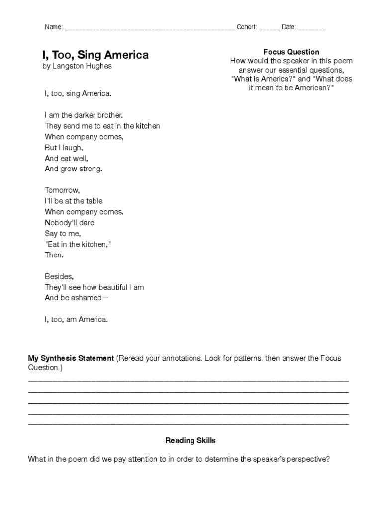 I Too Sing America By Langston Hughes