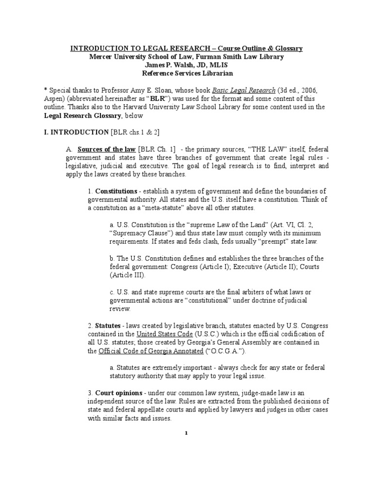 Introduction To Legal Research Outline | PDF | Case Citation 