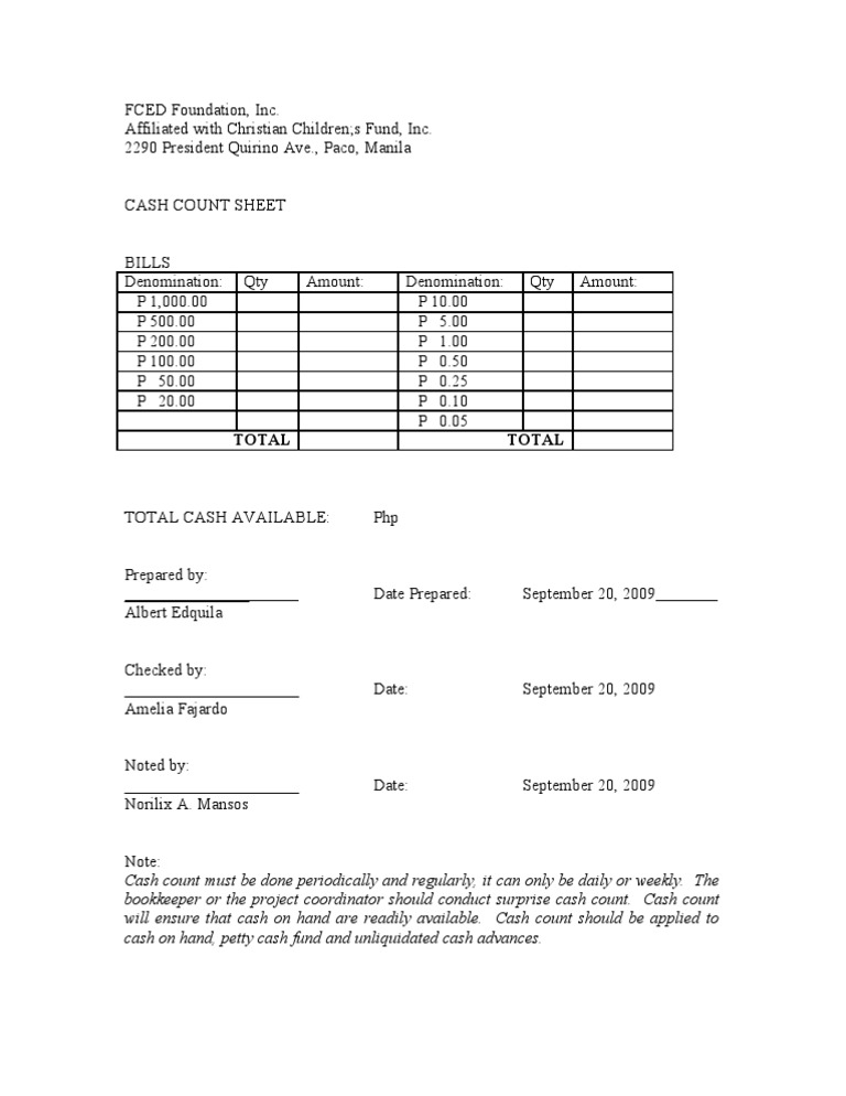 Cash Count Sheet