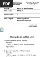 Financial Mathematics Course FIN 118 Unit Course 1 Number Unit Linear Equations Quadratic Equations Unit Subject