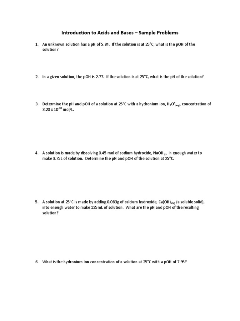 Introduction To Acids and Bases - Sample Problems | PDF | Science ...